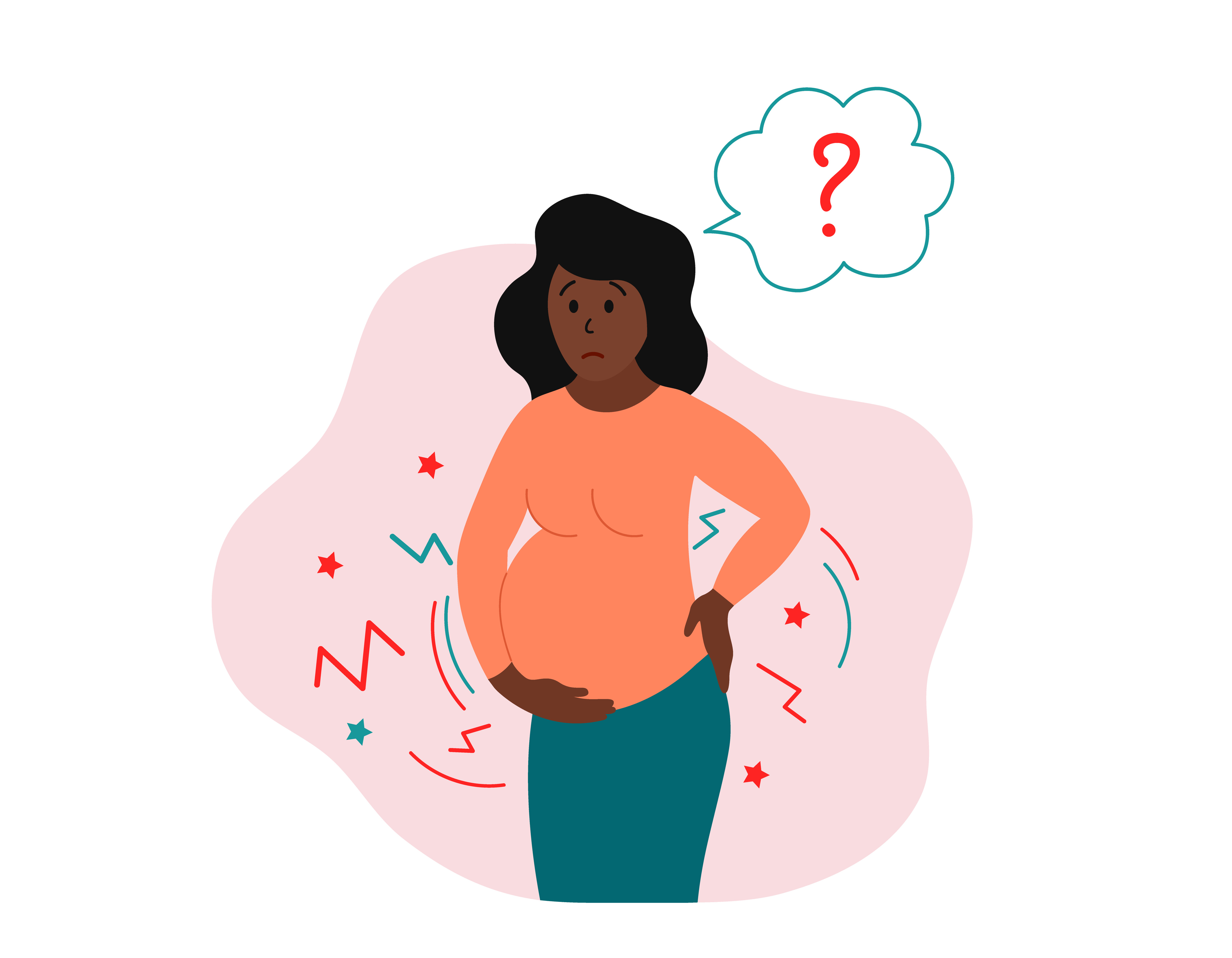 Childbirth contractions. Pregnant frightened african american woman suffering from labor pains. Real or false contractions. Travail pangs. Vector illustration